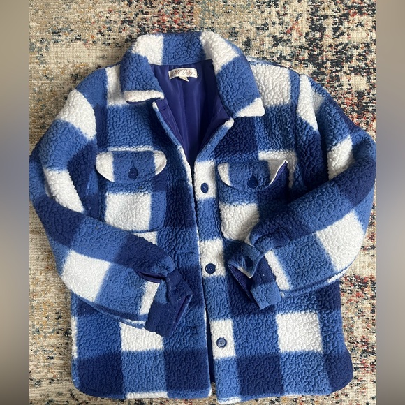 Blue and White Plaid Sherpa Jacket - Picture 2 of 7